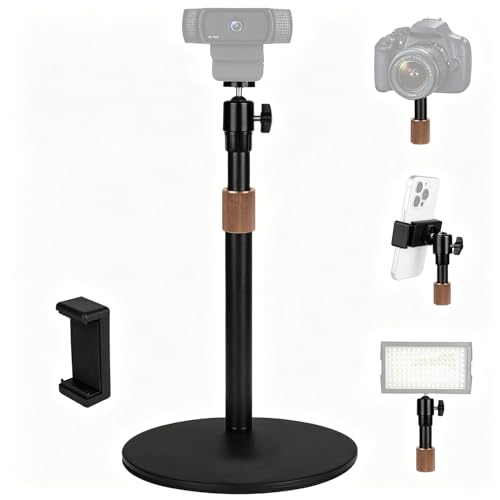 Image of ZORBES Aluminum Alloy Phone & Tablet Desk Stand with 360 Rotating 1 /4'' Ball Head Mount, Telescopic Height 30-45.5cm Heavy Base Holder Universal Live Streaming, Vlogging, Webcam