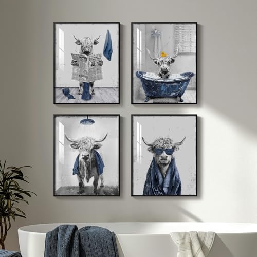 Framed Highland Cow Funny Bathroom Wall Art, 4 Piece Fun Animal Navy...