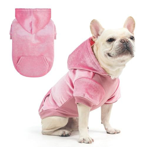 Image of BEAUTYZOO Dog Hoodie Sweaters for Small Medium Dogs- Warm Fall Winter Fleece Jacket for Cold Weather, Soft Velour Hooded Coat with Leash Hole & Pocket, Puppy Sweatshirt Clothes Bulldog Schnauzer, Pink