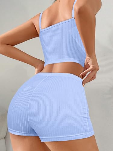 Image of Hilinker Womens Graphic 2 Piece Pajama Set Summer Cute Crop Cami and Shorts Ribbed Lounge Sets