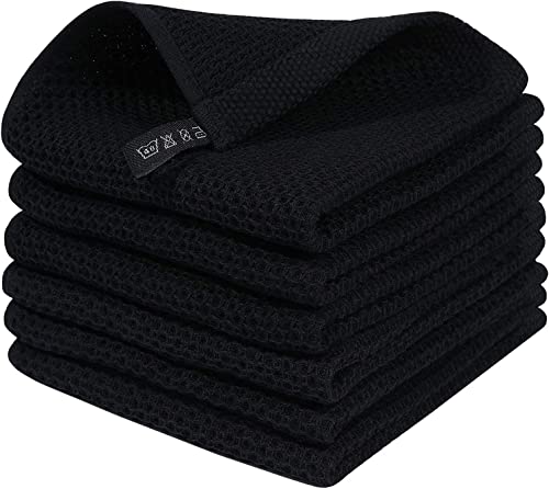 Moosfor Geschirrtücher 100% Baumwolle, 6er Set 30 x 30 cm, Weiche Geschirrhandtücher Küchenhandtücher Saugfähig Küchentücher Dicke Fusselfrei Geschirrtuch Spüllappen Putzlappen, Schwarz