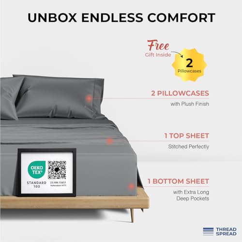 Image of THREAD SPREAD 100% Egyptian Cotton King Size Sheets Set - Luxury 1200 Series Plush Collection Egyptian Cotton Sheets King Size (4 PC, Dark Grey), Silky Soft, Cooling, 17 inch Deep Pocket Bed Set