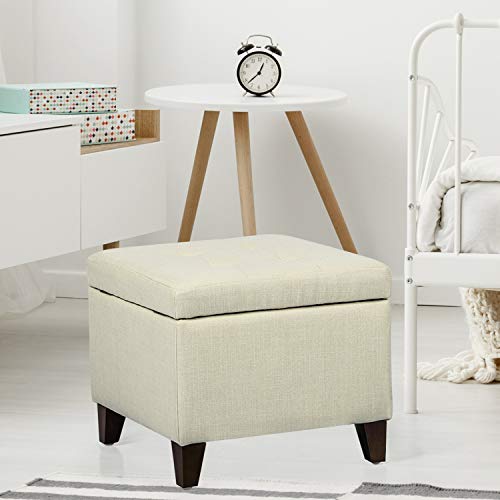 Asense Fabric Square Storage Ottoman Footstools With Wooden Legs Upholstered Foot Rest Stool With Hinged Lid, Cream #TOP4