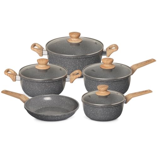 OSTER Conjunto de Panelas Antiaderentes 5 Peças Marble Edition - Jogo de Panela e Frigideira, Construção em Alumínio e Revestimento Duplo de Cerâmica, Alças e Cabos Revestidos em Silicone - Dark Grey