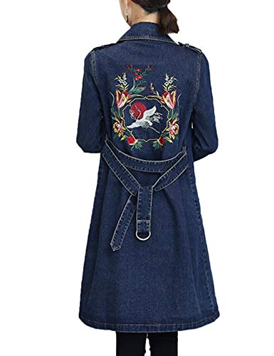 Z&A Women's Lapel Belted Double Breasted Denim Trench Coat Loose Fit Jean Jacket (Large, Blue)