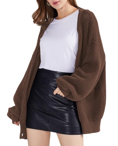 Image of QUALFORT Women's Oversized 100% Cotton Cardigan Sweater | Long Sleeve V Neck Button Down Open Front Knit Outerwear