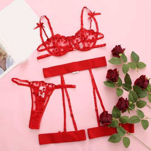 Image of Women Cute Bra Panty Lingerie Set with Garter Belt Lace Teddy Strap Babydoll Lingerie Romantic Bikini with Panty Gown Set for Women Party Set