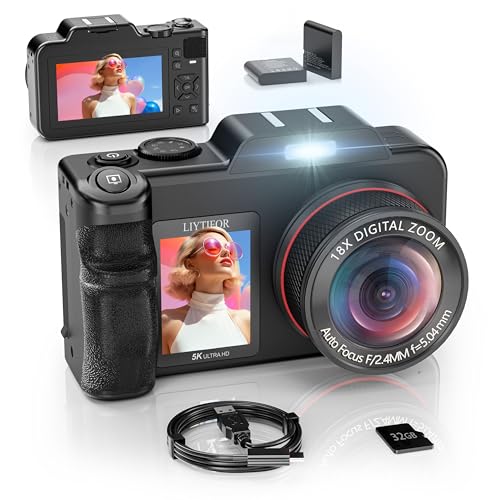 5K Digital Camera for Photography, 80MP 3.5'+2' Dual Screen for Self-Framing 18X Zoom Autofocus Vlogging Camera for YouTube/Content Creators/Travel, Includes 32GB Card + 2 Batteries & Flash, LIYTIFOR