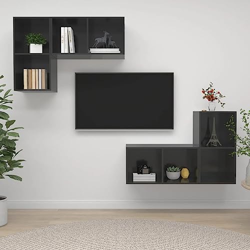 OHOOWOO Muebles TV Muebles de salón de Pared 4 pzas Madera ingeniería Gris Brillo