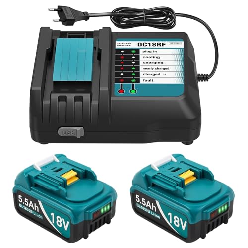 DC18RF Ladegerät + 2Stücke Ersatzakku für 18V Akku 5500Ah Kompatibel 18 V Li-Ion Ersatzakku BL1815 BL1830 BL1840 BL1850 BL1860 BL1890 BL1415 BL1430 BL1440