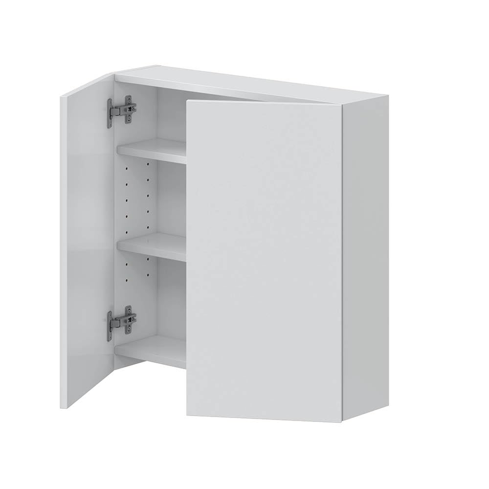 Hängeschrank >DESTAL< Der moderne Schrank DESTAL in glänzendem Weiß misst 60 cm Breite, 60 cm Höhe und 16 cm Tiefe. Aus melaminbeschichtetem Holzwerkstoff gefertigt, bietet er 2 Türen und 3 Fächer.