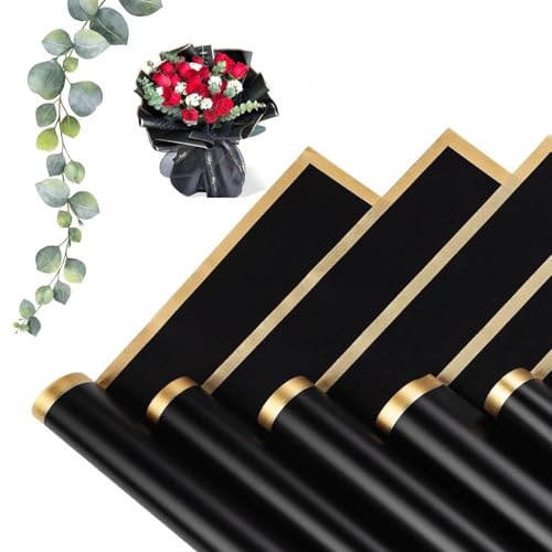 MtnLaur Papel para Ramos de Flores 20 Hojas, Papel de Envoltura para Ramos y borde dorado, Papel Coreano para Flores Impermeable, para Manualidades DIY Bodas Cumpleaños Regalo (Negro)