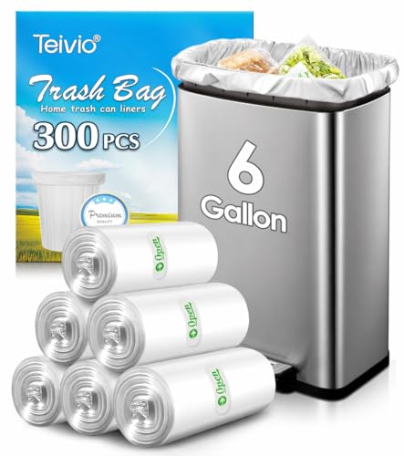 Image of Teivio 6 Gallon 300 Counts Medium Trash Bags Garbage Bags, Bathroom Trash Can Bin Liners, Plastic Bags for office kitchen home, Clear
