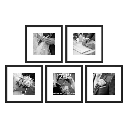 Image of upsimples 12x12 Picture Frame Set of 5, Display Pictures 8x8 with Mat or 12x12 Without, Wall Gallery Poster Frames, Black