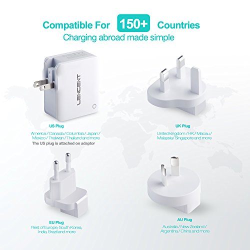 lencent chargeur usb multiple, 4 ports prise usb secteur internationale, 5v/4.4a adaptateur prise anglaise/europe/americaine/australie avec technologie smart ic pour iphone, ipad, smartphones et plus