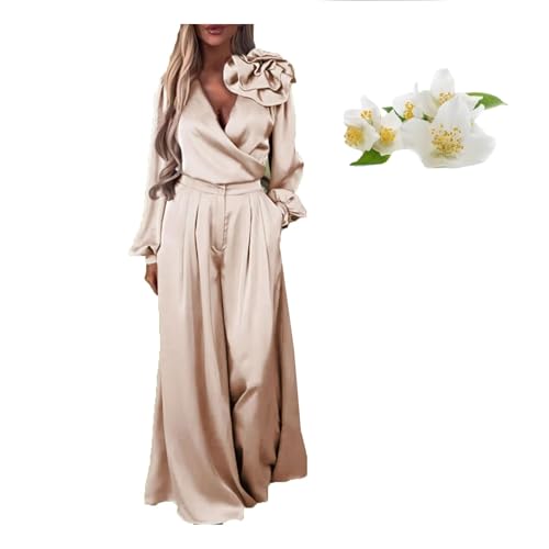 Women's two-piece suit, satin 3D flower V-neck long-sleeved top wide-leg pants suit, sexy, elegant solid color satin