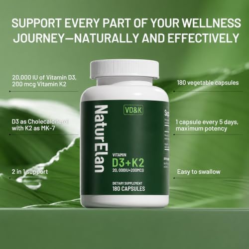 Image of NaturElan Vitamin D3 K2-20,000 IU D3 + 200mcg K2(MK-7), 180 Capsules | Supports Bone, Immune, Heart & Teeth Health, Non-GMO,Vegan, Third-Party Tested, Gluten Free, K2 D3 Vitamin for Men & Women