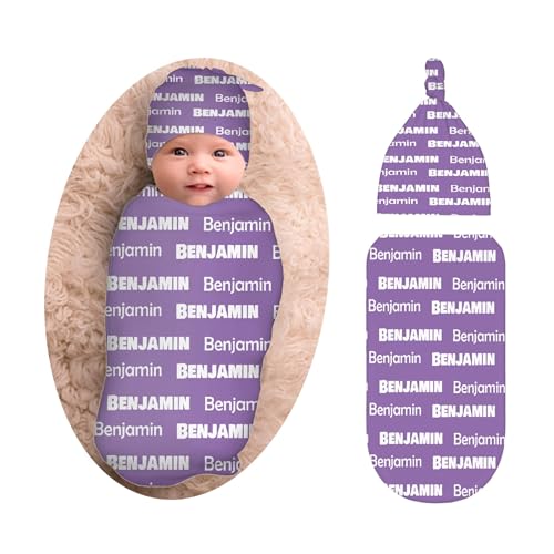Personalized Baby Swaddle Blanket & Hat Set for Boys Girls, Customized Newborn Gifts, Custom Receiving Blanket with Name, Ultra Soft Nursery Swaddle Wrap, Swaddling Sleeping Sacks