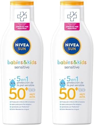 NIVEA SUN Babies & Kids Sensitive Leche Solar para niños FP50+ (1 x 200 ml), protector solar infantil para piel sensible, crema solar para bebés resistente al agua (Paquete de 2)