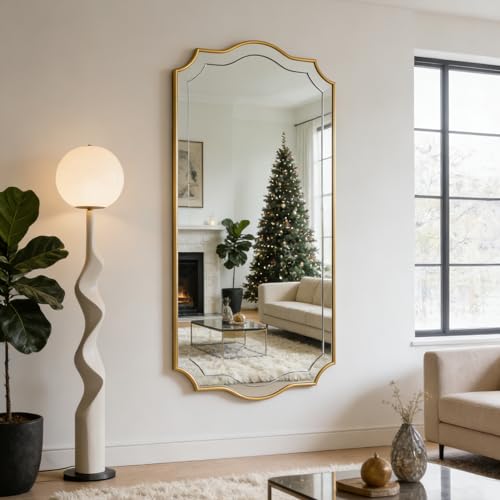 Image of POZINO 47 inchx24 inch Large Scalloped Wall Mirror, Gold Elegant Decorative Mirror | Thickened Wooden Frame, HD Glass, Horizontal /Vertical Hanging, Rectangle Wavy Wall Mirror for Entryway Bedroom Living Room