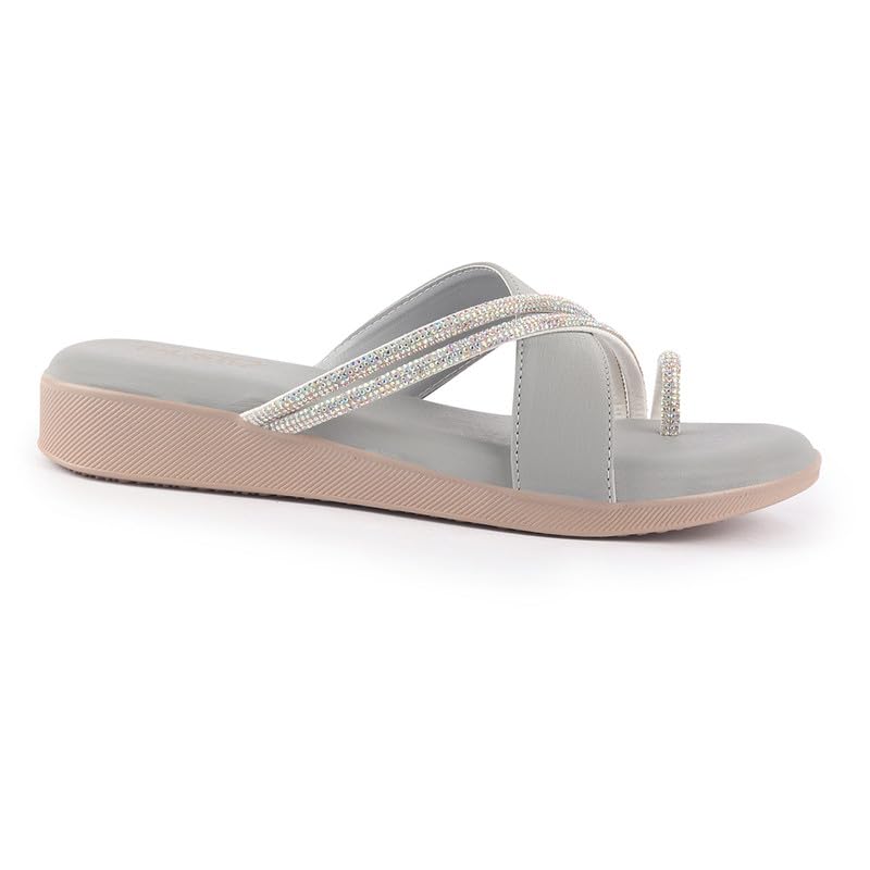 Image of FAUSTO Women Embellished Shimmery Cross Strap Toe Ring Wedding Slip On Slippers | Soft Cushioned Footbed Wedge Sandals | Party, Mehndi, Festive
