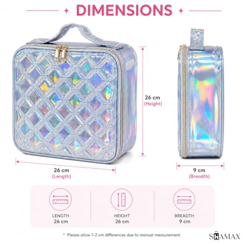 Image of SHAMAX Professional Makeup Case Organizer Bag for Women, Travel Cosmetic Kit Vanity Box with Adjustable Dividers, Portable Beauty Makeup Organiser & Cosmetic Travel Pouch | (Holographic Silver)