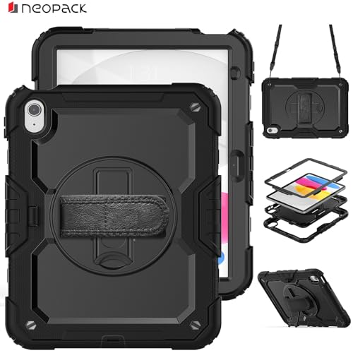 Image of Neopack Military Grade Shockproof Rugged Case with Shoulder Strap & 360 Degree Rotating Stand Compatible with iPad 10.9, Fits: 10th Gen (Black)