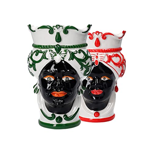 KEYHOMESTORE - Paire de têtes de moro, homme et femme, hauteur 20 cm, rouge / vert, idéales comme décorations de décoration, porte-plantes pour intérieur et extérieur. Produit fabriqué en Italie Cover