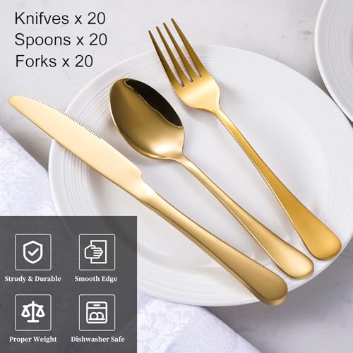 60-Pcs Gold Silverware Set - Stainless Steel Flatware Cutlery Set Service for 20, Mirror Polished Gold Flatware Set Include Forks Spoons Knives for Home, Wedding, Restaurant, Dishwasher Safe by TININA - Image 2