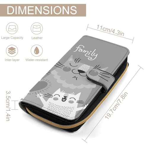 Nugier Women Soft PU Leather Wallet, Zipper Card Case Clutch Credit Bills Money Crash Coin 7.8x4.3x1.4 in Holder Purse Print Cute Cats Family Parents Black Grey Pattern2