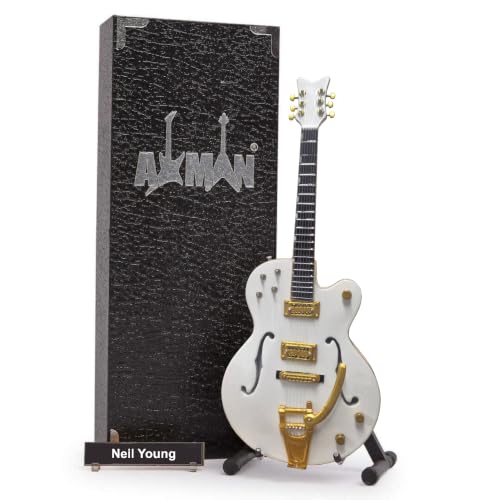 Neil Young Gretsch White Falcon Electric Guitar - Miniature Guitar Replica - Music Gifts - Handmade Ornamental 1/4 Scale - Includes a Display Box, Name Tag and Miniature Guitar Stand
