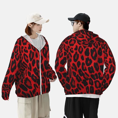 UPF 50+ Sun Protection Hoodie Long Sleeve Red Leopard Pattern Sun Shirt Rash Guard Fishing Shirts for Men 7