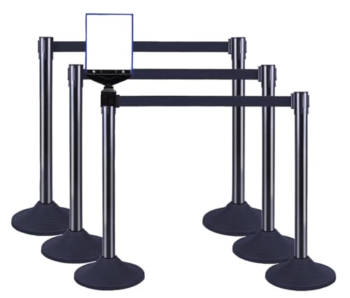 VILMON 41" Black Crowd Control Stanchion Set, Stable Heavy-Duty Rubber Base with 10 Feet Retractable Belt Crowd Control Barriers, Retractable stanchions for Outdoor Safety (6 Pack)