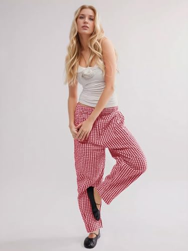 YKR Plaid Pants for Women Gingham Lounge Wide Leg Low Waist Pajama Pants Elastic Waist Trousers with Pocket2