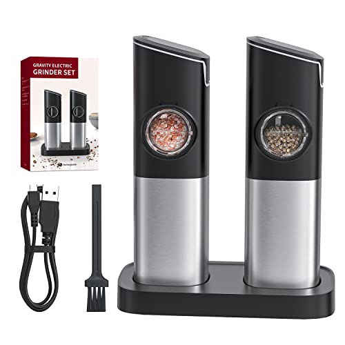 CIRCLE JOY Schwerkraft Salz und Pfeffermühlen Elektrische 2er Set Wiederaufladbare Gewürzmühle mit Doppelter Ladestation, Staubdichter Abdeckung, Bürste, Weißem LED-Licht, und Einstellbarer Grobheit Cover