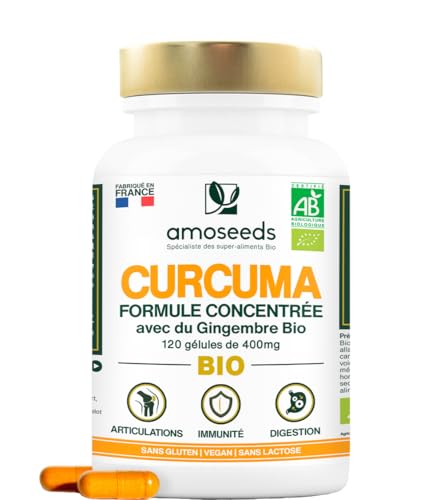 Curcuma BIO Haute Concentration | Avec Gingembre Bio | Curcumine Haute Absorption | Sans Pipérine | Articulations | 120 Gélules | Qualité Supérieure