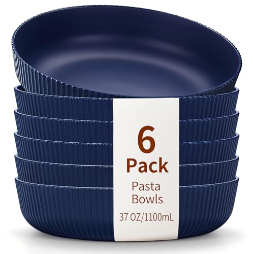 HOMQUEN Cuencos de Pasta Set de 6, 1100 ml Platos Hondos Sopa, Azul Fuente Ensaladera Grande, Tazones de Cena de Plástico Irrompible, Juegos de Vajilla, Apto Para Lavavajillas (Azul)