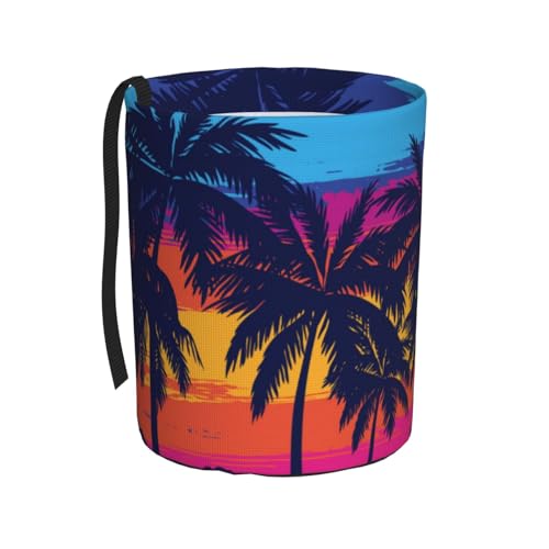 Image of Car Garbage Bag Blue Palm Trees at Sunset Mini Car Trash Bin Portable Collapsible Waterproof Rubbish Bag for Car Accessories Back Front Seat Cup Holder