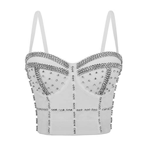 lookwoild Women Camisole Tanks with Bulit in Bra Shiny Rhinestone Crop Top Padded Corset Bustier Party Clubwear (White, M)