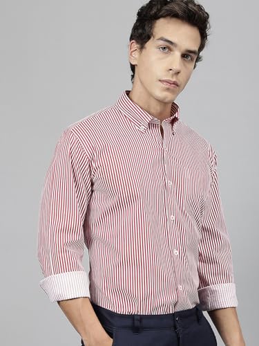 Image of Hancock Standard Slim Fit Striped Button-Down Collar Pure Cotton Casual Shirt(9607White-Red)
