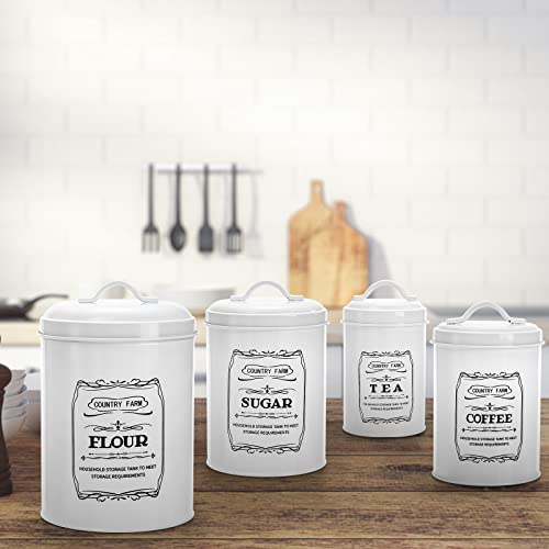 Yarlung Set Of 4 Kitchen Canisters With Airtight Lids, Coffee Tea Sugar Flour Metal Tin Jars Nesting Food Storage Container Set For Farmhouse Decor, Countertop Pantry Organizer, 4 Sizes White #TOP5