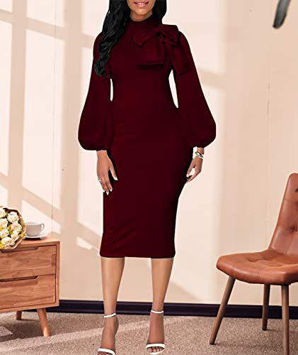 Image of Sexy Long Sleeve Dress for Women Solid Color Bow Knot Turtleneck Formal Gown Midi Casual Church Dresses