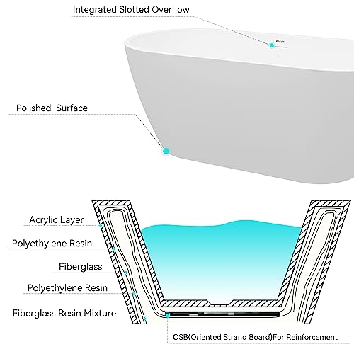 FerdY 59\" Bali Elite Acrylic Freestanding Bathtub, Gracefully Shaped Freestanding Soaking Bathtub, cUPC Certified, Toe-Tap White Drain and Minimalist Linear Design Overflow Included