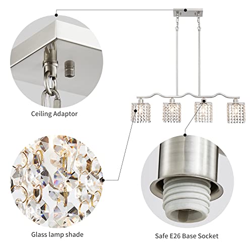 Image of WUZUPS Crystal Chandelier 4-Light Linear Raindrop Pendant Ceiling Light Modern Lighting Fixture for Bedroom Dinning Room Bar Kitchen Island, H8.7'' W4.7'' L30.5, E12 Base, Nickel