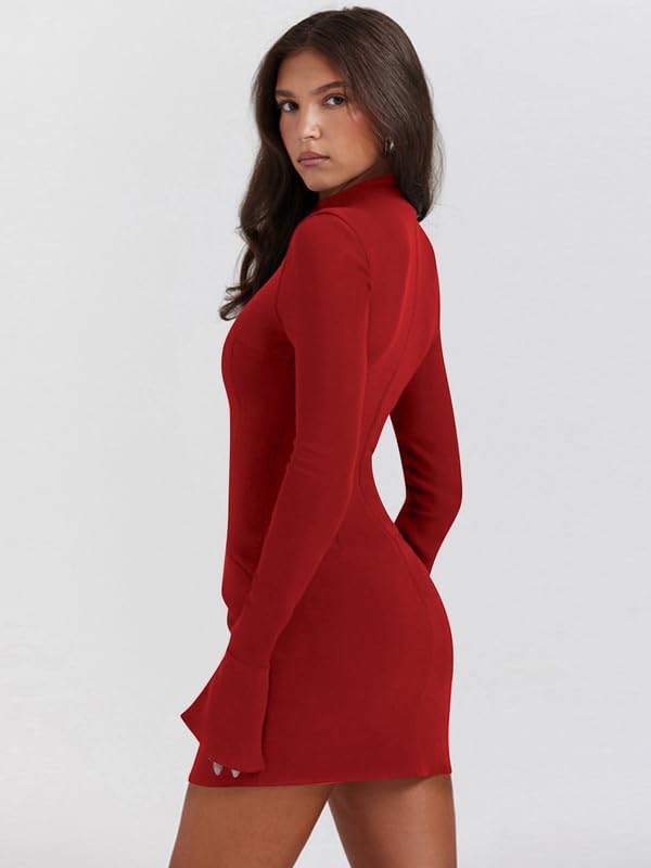 Haibang Robe Moulante à Manches Longues pour Femmes Sexy Mini Robe et Col Haut Élégante Robe Courte Y2k Bodycon Dress Chic Et Glamour pour Cocktail Party Fête Soirée Club Décontractée