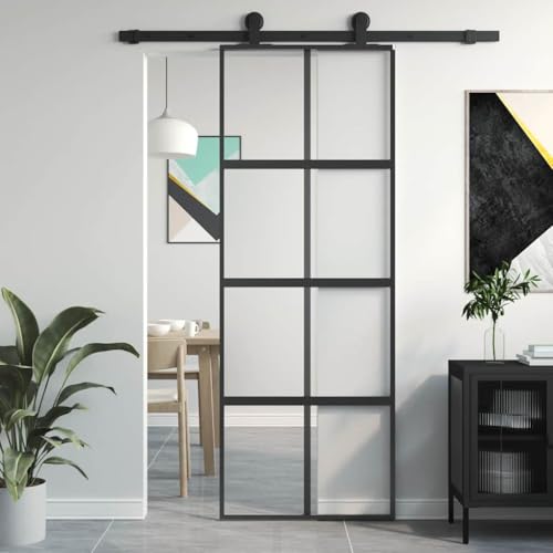 Emmtore Puerta corredera vidrio templado y aluminio, Puerta Corredera Rail Guía Deslizante Moderna, Negra 76x205 cm