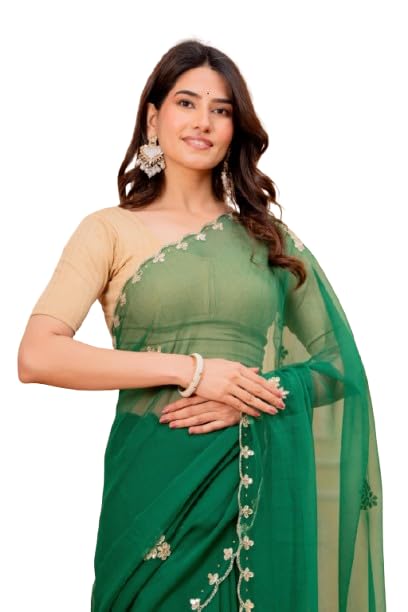 Image of Women's Embroidered Saree with Beige Blouse | Elegant Embroidery Work Saree for Women | Wear in Festive Saree and Ethnic Outfit | Green
