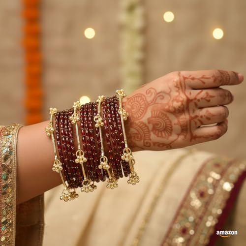 Image of Kashmiri Ghangharoo Glass Bangle Set for Women| Light Weight Bangles | Traditional Transparent Fancy Glass Chudi Set for Wedding, Party|Set Of 16(12 Glass + 4 ghungroo bangles)