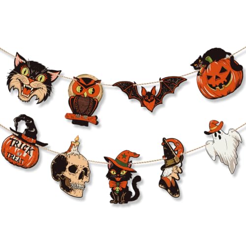 Vintage Halloween Decor Wood Banner, 6.56FT Retro Hanging Banner Garland