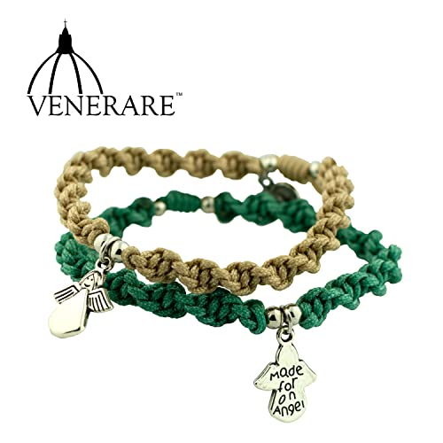 Image of Venerare Woven Twist Bracelet with Angel Charm | Adjustable Size | Green and Tan | Great Catholic Gift for First Communion, Confirmation, and Ordination | Stylish Religious Accessory